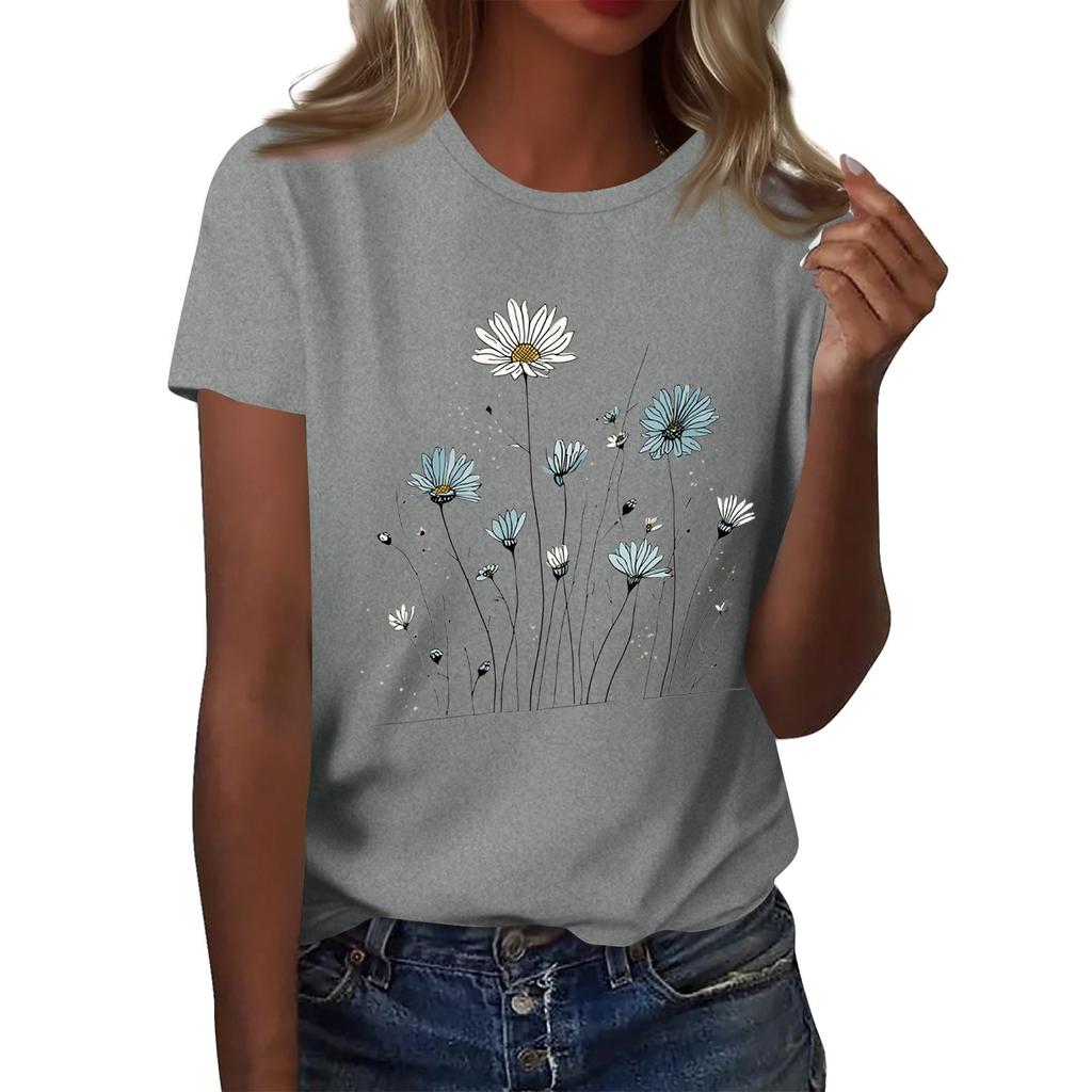 Women's Fashion Casual Printed Round Neck Short Sleeved T-Shirt Top T-Shirt Top Top