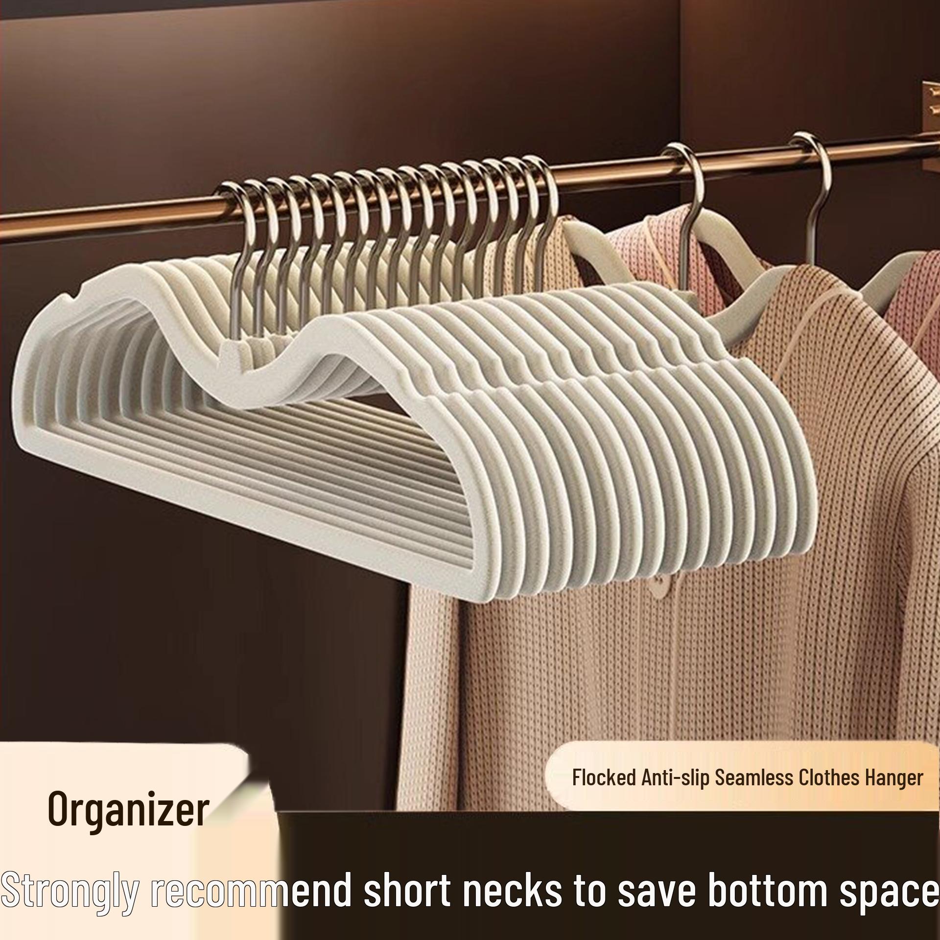 Non-Slip Short-Neck Flocked Clothes Hanger for Home Wardrobe - Professional Organizer for Clothes Drying Ivory/Flocked Short-neck