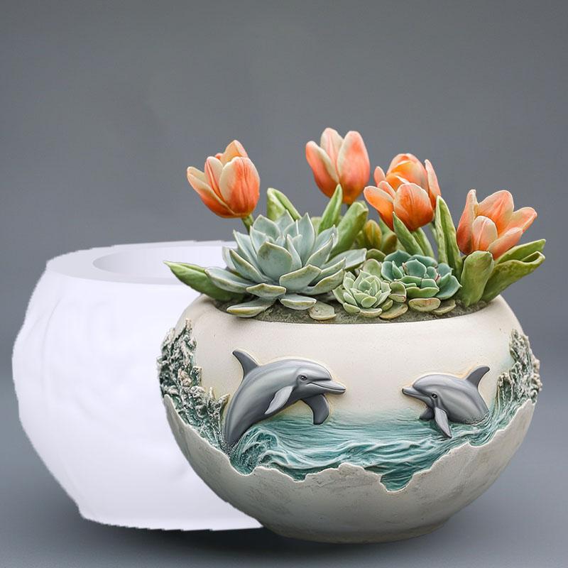 Couple dolphin relief succulent plant flowerpot resin silicone mold ocean wave animal dolphin storage box candle cup gypsum mold
