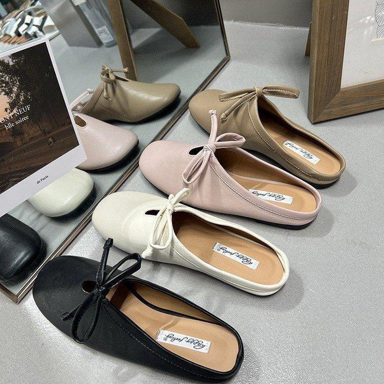 Thick heel half slippers retro evening breeze bow single shoes spring and summer design French women's shoes black loafers