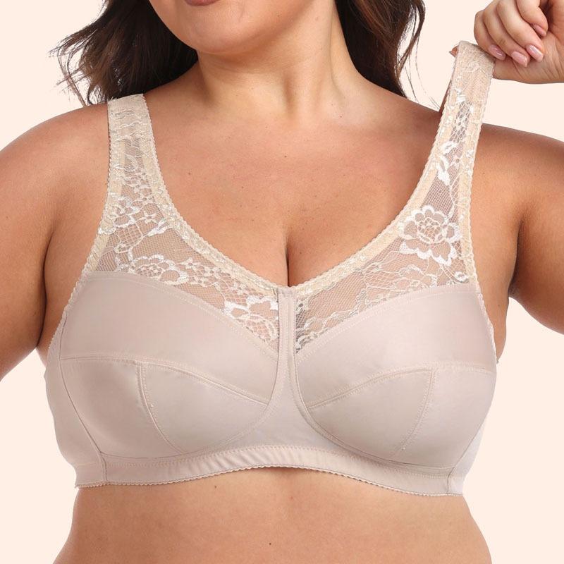 

Wire Free Thin Bra Large Size Lingerie Lace Wide Straps Minimizer Women B C D E F G 52G бежевий
