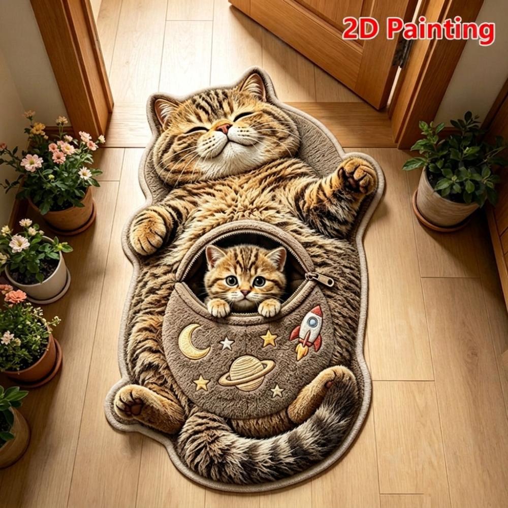 2D Cat-Shaped Area Rug Non-Slip Cartoon Carpet Cute Home Decor Carpet Living Rooms