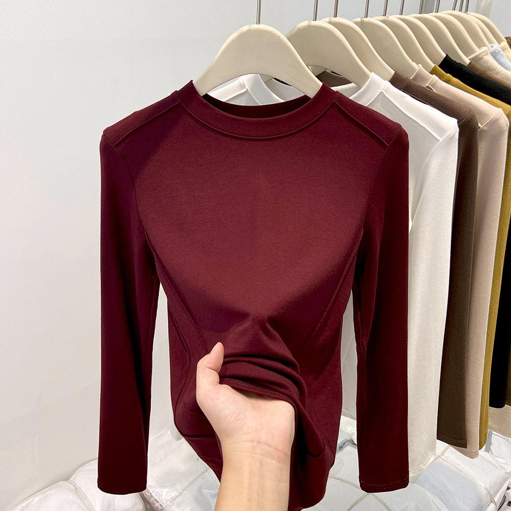 Fleece polished small stand-up neck bottoming shirt women's spring fishbone front shoulder slim-fitting long-sleeved T-shirt with top inside