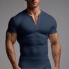 Men's Slim Fit Henley T-shirt: European & American Sports Style, Ribbed, Elastic, Short Sleeve, Solid Color