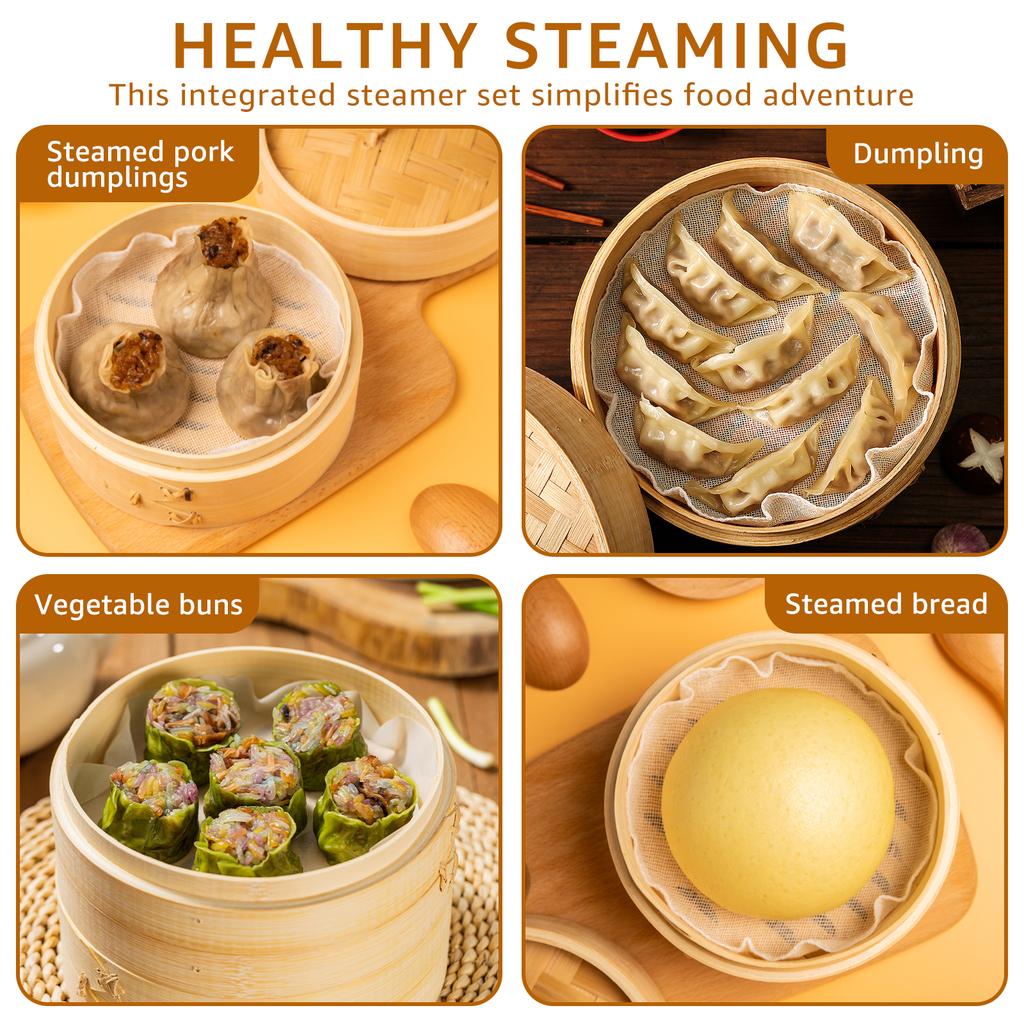 Handmade Bamboo Steamer, 2 Tiers & Lid, Premium Bamboo Steam Basket for Vegetables Dumplings Buns Bamboo Healthy Steamer Cooking