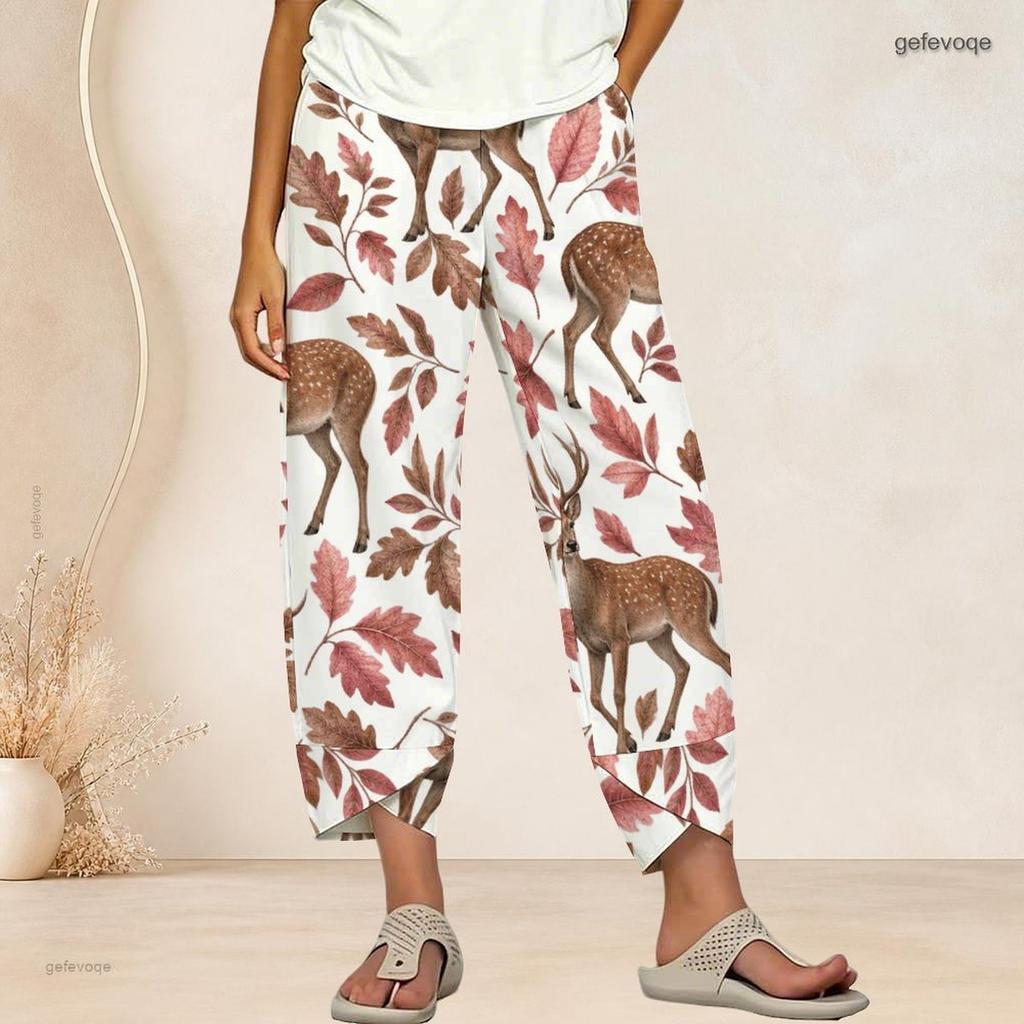 Women Plus Size Loose Deer And Leaf Printed Cross Hem Cropped Pants