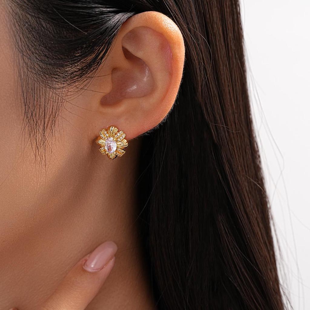 18K Gold-Plated Silver Zircon Oval Stud Earrings - European & American Luxury Vintage Style