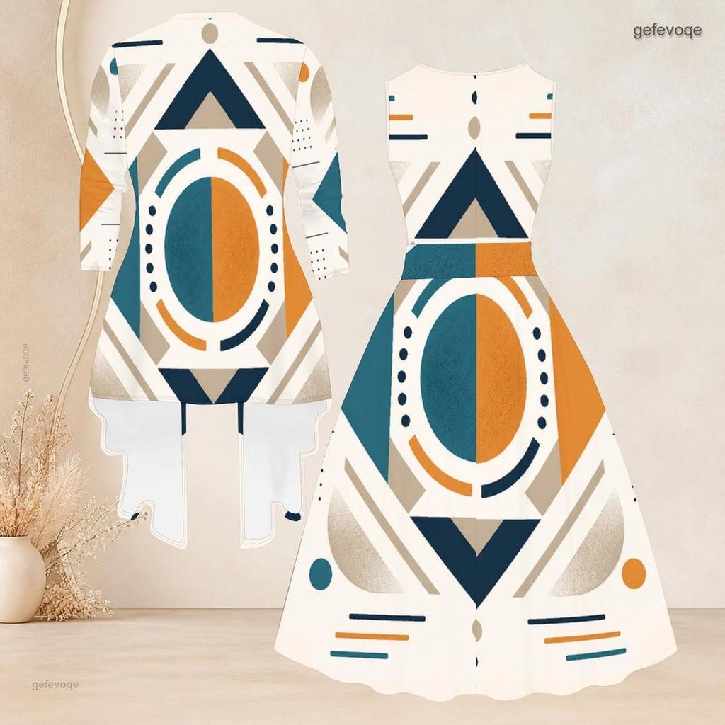 Women Plus Size Two Piece Set Geometric Printed Round Neck 3 4 Sleeve Open Cardigan Sleeveless Tie Waist Flared Dress