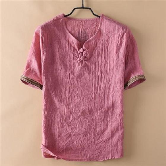 Chinese Style Disc Buckle Imitation Linen Short-sleeved T-shirt Men's Thin Casual Folds Old Cotton Imitation Cotton and Linen Men's T-shirt