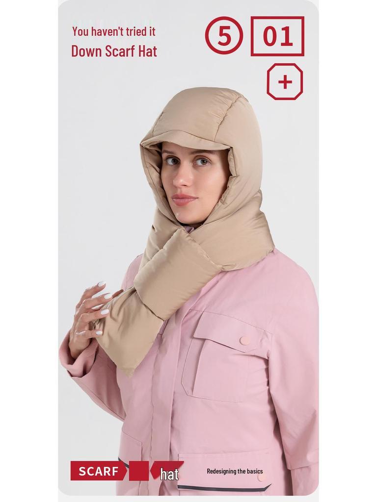 Women's Hooded Down Hat & Scarf: Windproof, Warm Ear & Neck Protection for Autumn/Winter