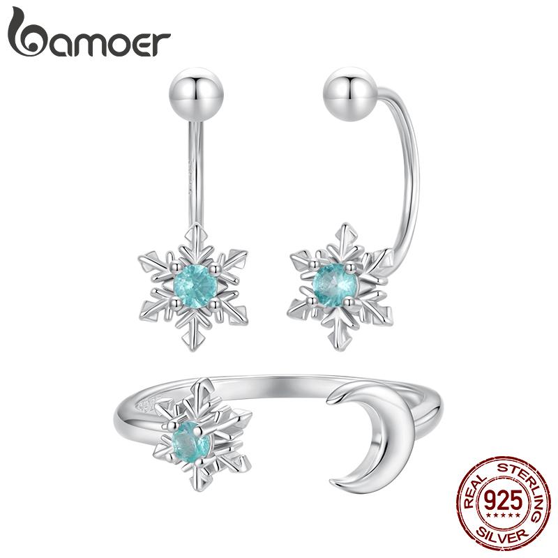 Bamoer 925 Sterling Silver Snowflake Moon Jewelry Set Crystal Blue Front-Back Stud Earrings Earrings for Women Winter Xmas Gift