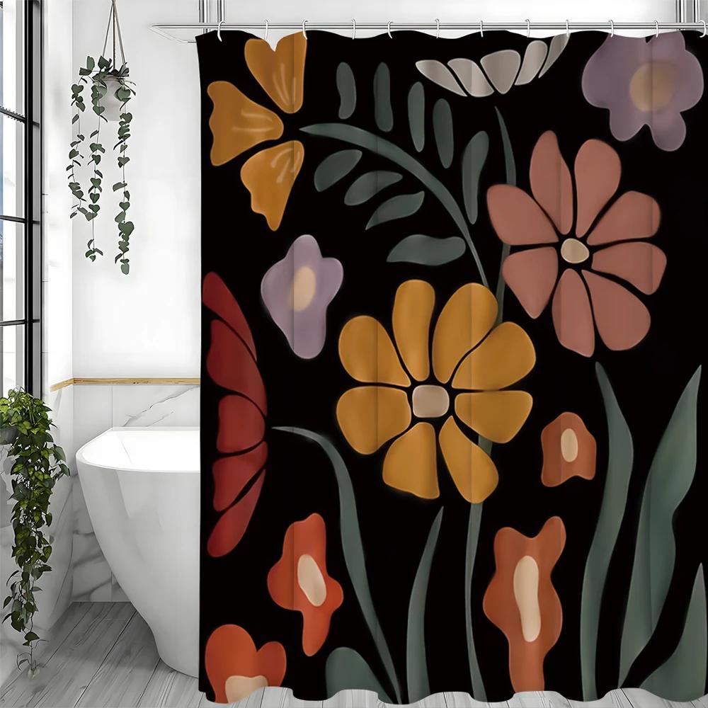 Cartoon Flower Shower Curtain, Bathroom Decorative Shower Curtain, Waterproof Shower Curtain With Hooks