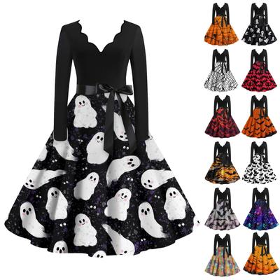Women's Casual Fashion Long Sleeve  Halloween Graphic Printed Vintage Long Dresses