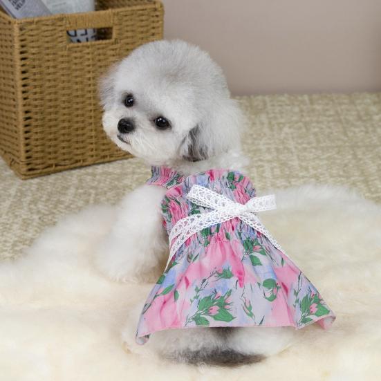 Dog Princess Dress with Floral Pattern Ruffle Sleeveless Puppy Summer Dress with Lace Bow Elastic Breathable Pet Clothes for Small Dogs Cats