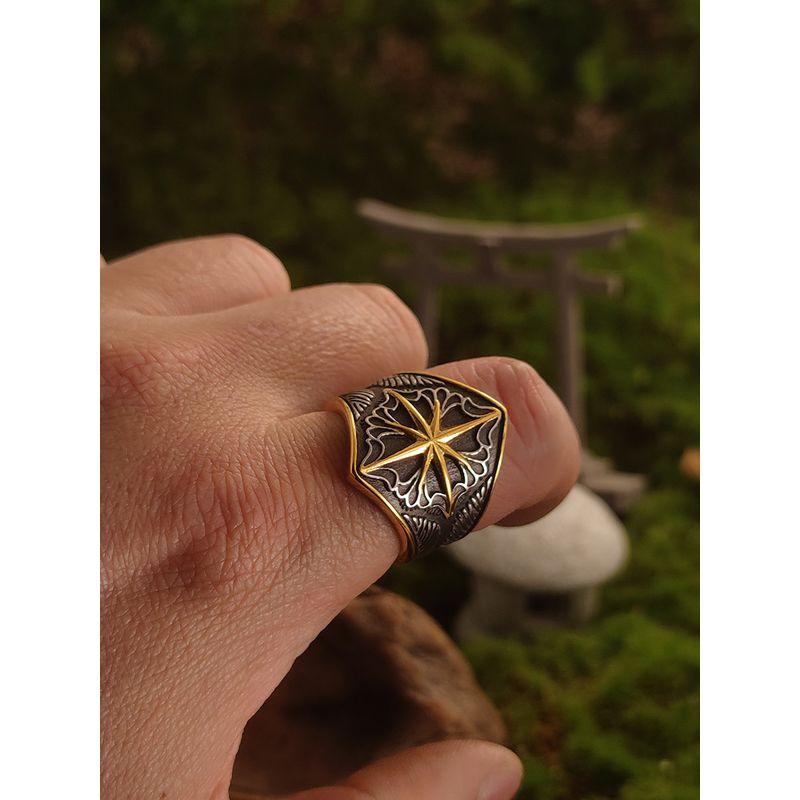 Night Works "Firm GUARD" Fashion Retro Gold North Star Wide Style Ring for Men Plus Size
