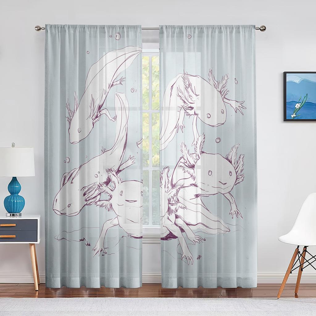 Cartoon Watercolor Axolotl with Hat Sheer Voile Curtain Sealife Reptiles Chiffon Tulle Curtains for Living Room Bedroom Drapes