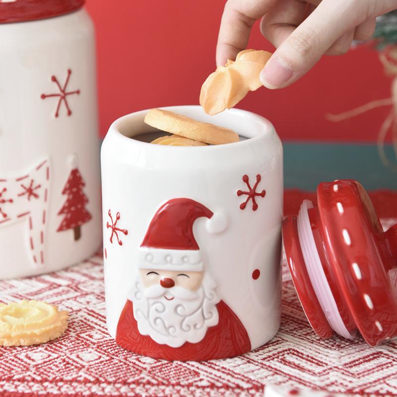 Nordic Style Santa Claus Elk Tree Round Ceramic Sealed Jar Candied Dried Fruit Nut Food Storage Container Kitchen Accessories