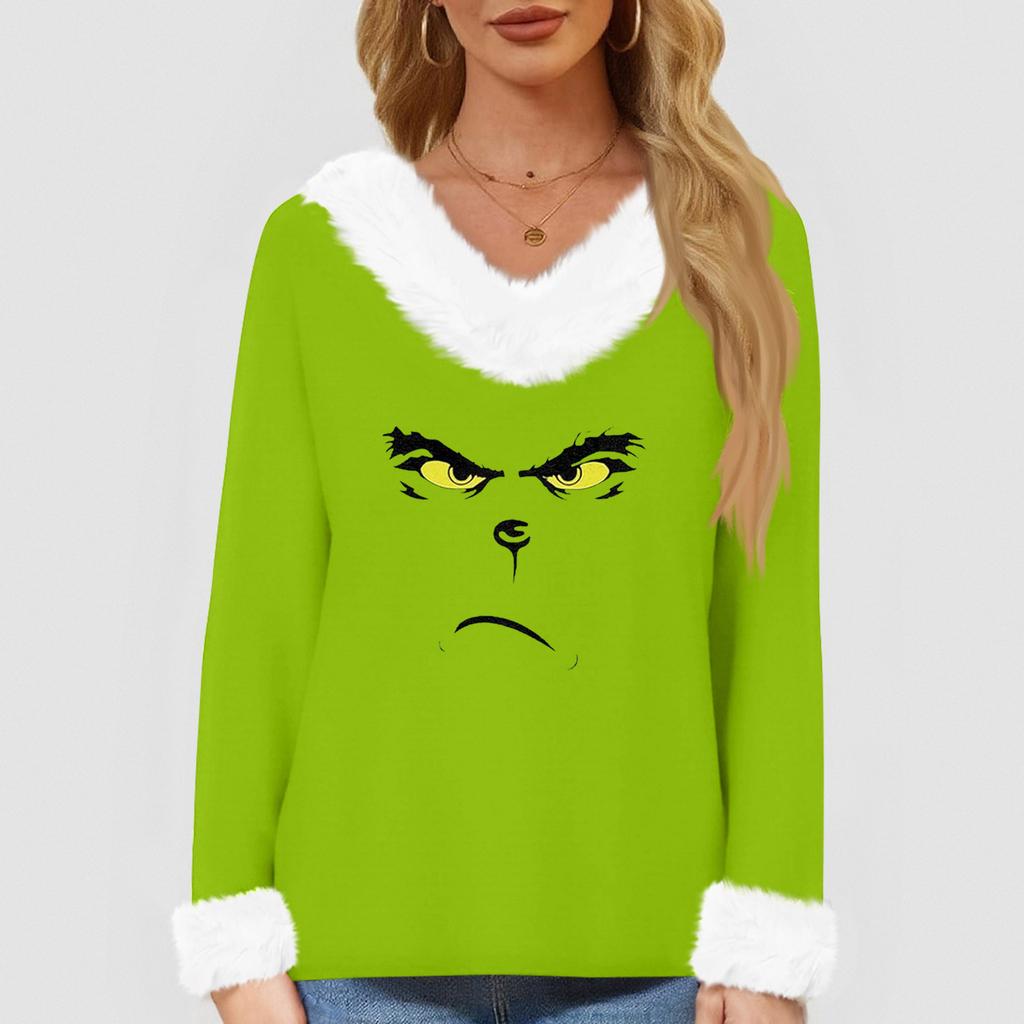 Women's T Shirt Tee Christmas Shirt Long Sleeve Party Christmas Print Fleece Collar V Neck Top