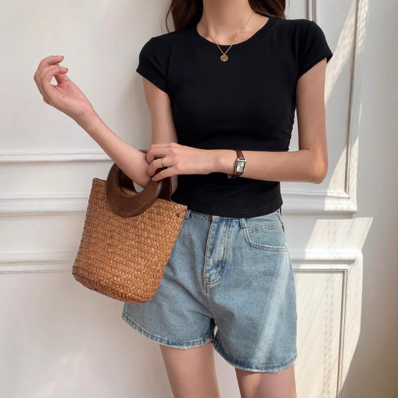 Women's T-shirt Short-sleeved Spring and Summer Slimming Design Sense Niche Card Waist Waist Is Shoulder Clothes