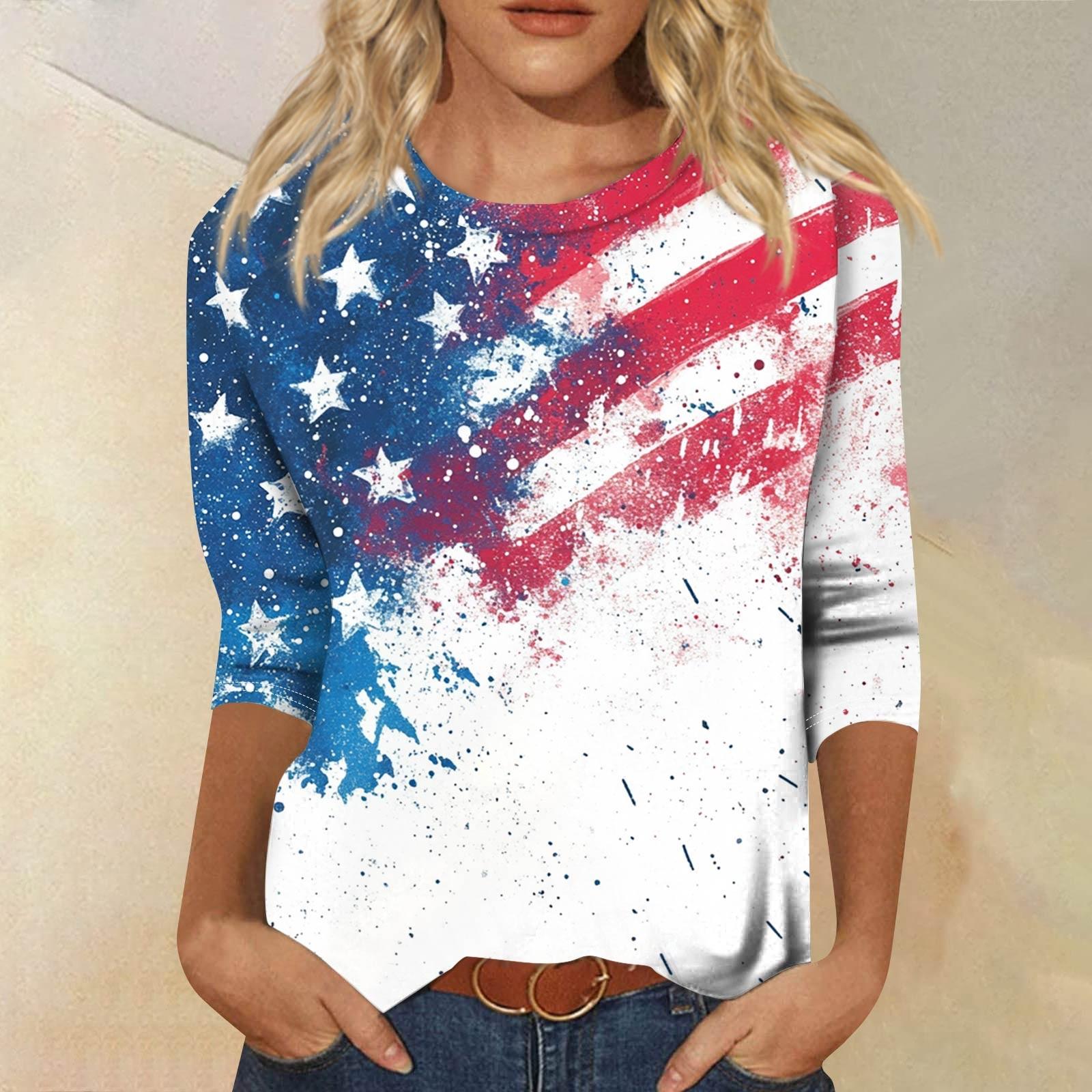 

Женская мода повседневный топ с круглым вырезом и принтом на День независимости с семью рукавами XL белый