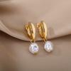 Vintage Baroque Imitation Pearl Dangle Earrings For Women Stainless Steel Ear Clip Circle Earrings Female Jewelry Party Gift
