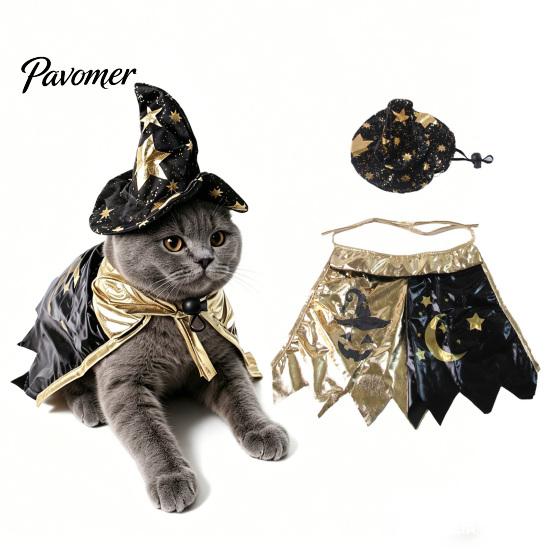 Small Medium Dog Cat Costume 1 Set Halloween Witch Costume, Black Cape And Wizard Hat, Moon Comfortable Pet Fabric Star Cloak Pointed Hat for