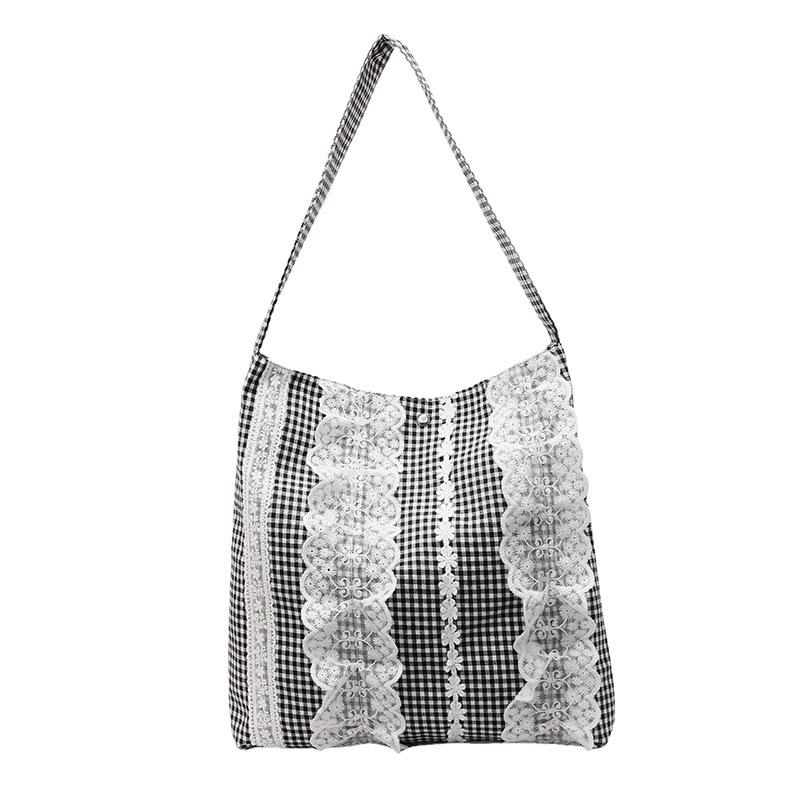 Fashion girly lace sweet wind bucket bag 2025 new large capacity underarm canvas bag plaid shoulder bag