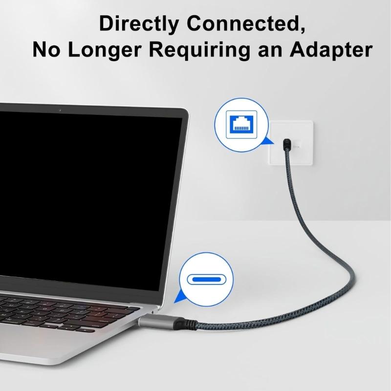 1.8m Long USB C To RJ45 Gigabit Ethernet Cable Braided Fast Speed Corded Internet Cord for Laptops Tablets