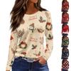 Women's Christmas Print Long Sleeve Top with Round Neck and Side Slit