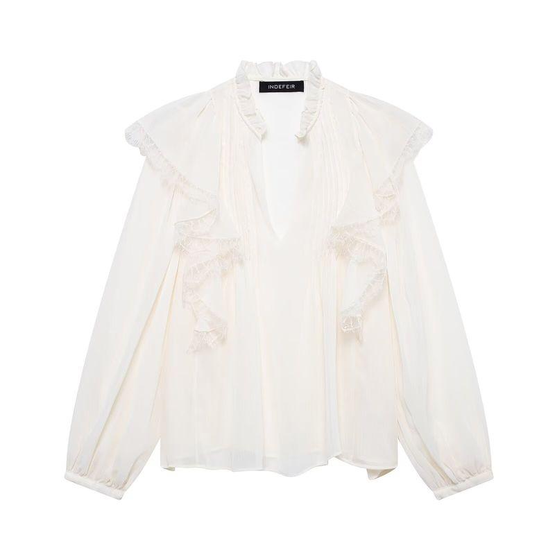 

Kaslead New Arrival Women s Fashion Style Lace Laminated Decoration Elegant V-neck Long Sleeve Shirt 5029052 White L