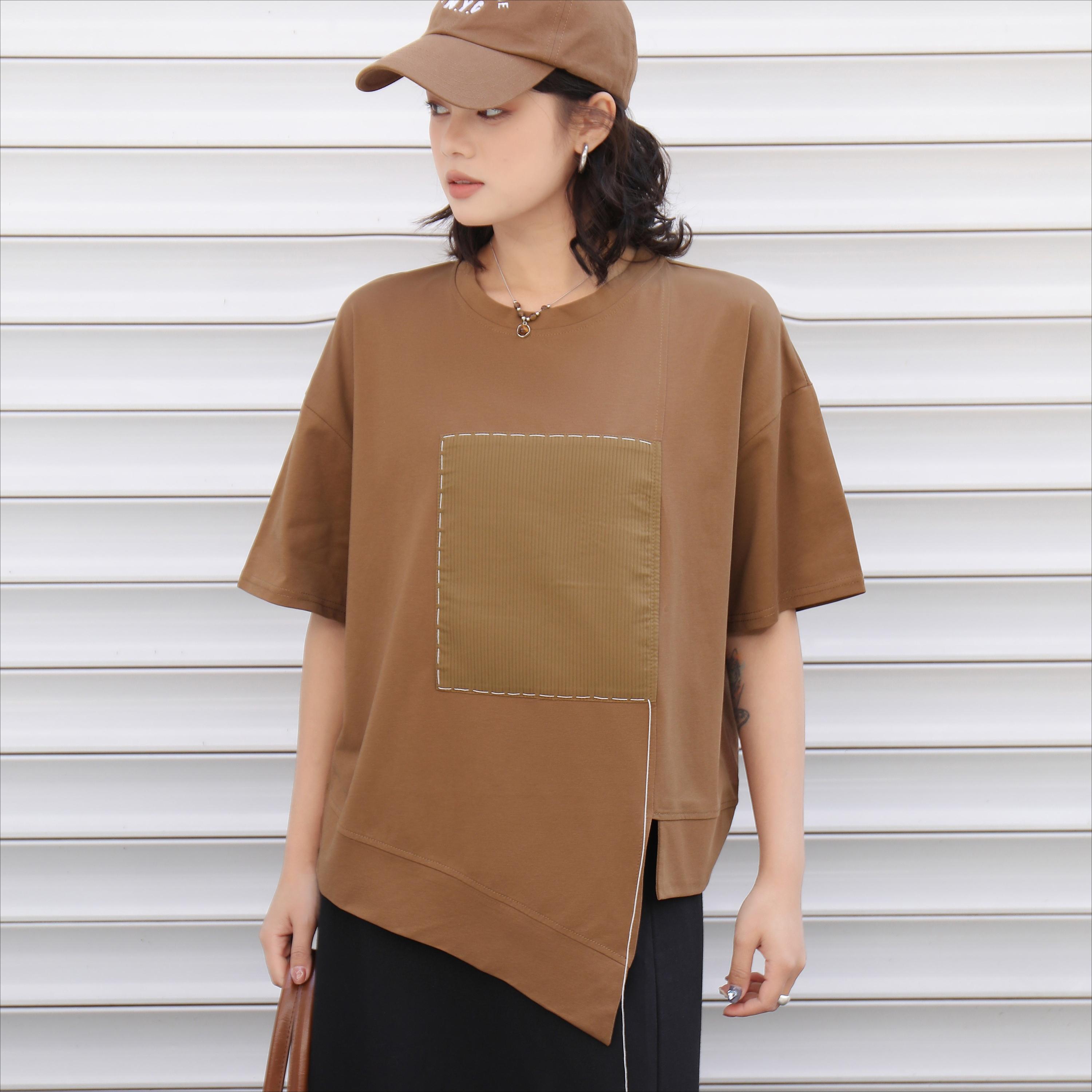 

DIMANAF 2025 Летняя футболка с карманом Женская с принтом Асимметричная с коротким рукавом Свободная Белая Черная One Size