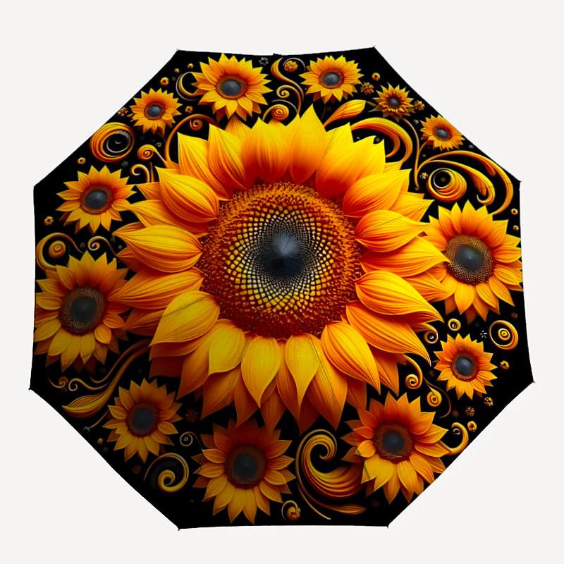

1pc Sunflower Mandala Automatic Folding Umbrella Compact 8 Rib Design, Durable Iron Frame for Travel, Outdoor, a0920104