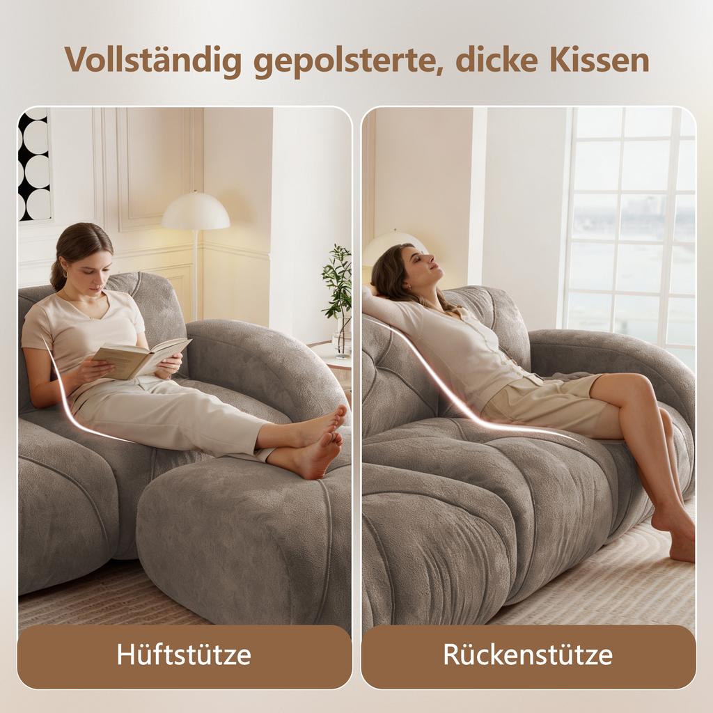 Frameless Modular 2-Seater Sofa, High-Density 32D Foam, Suitable for Living Room, Chenille Fabric, Non-Slip Design, No Assembly Required, Brown