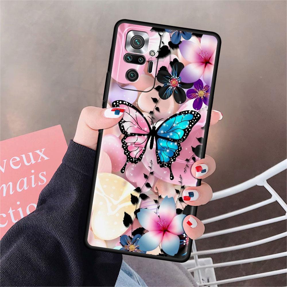 Funda Für Xiaomi Redmi Hinweis 10 9 11 Pro Weiche Telefon Fall 10S 9S K40 8 9A 9C 9T 7 10C 8T Silikon Abdeckung Diamant Blume Schmetterling