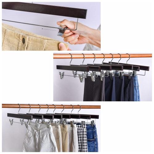 Amber Home Wooden Pants and Skirt Hangers, Set of 10, for Pants and Slacks, Shape-Retaining, Non-Slip, Adjustable, Strong Clips, Wrinkle-Resistant, Ro