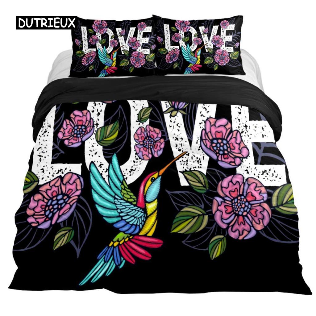 Hummingbirds Bedspread Cover Kit Tropical Flowers Nature Blooms Bed Cover Kit Tropical Birds Theme Queen Dimension Size 2/3 Pcs Comforter Cover