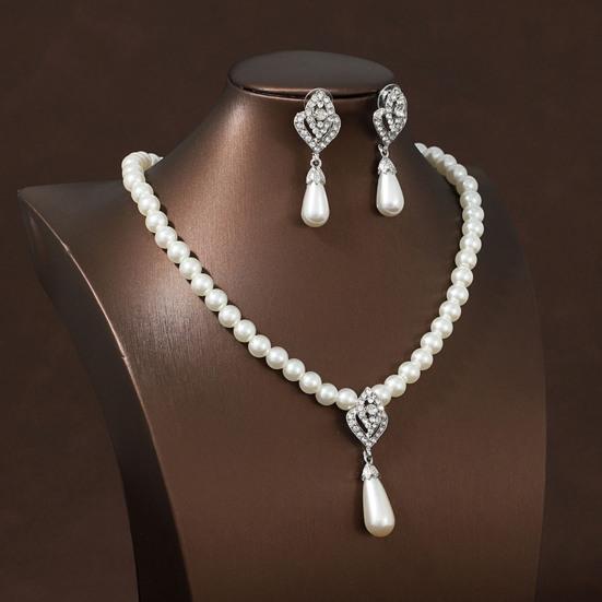 1 Set Faux Pearl Rhinestone Teardrop Pendant Necklace Jewelry Women And Earrings Elegant Beaded Necklace Jewelry