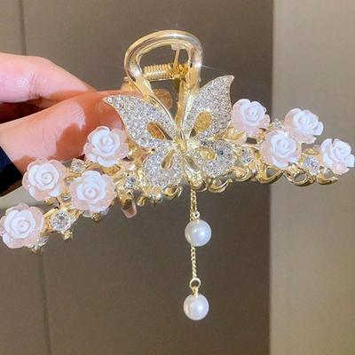 1 Stück Damen Goldener Strass Quaste Kamelie Schmetterling Krallenklemme Haarspange für Hochsteckfrisur, Elegantes & Süßes Haaraccessoire für den täglichen Gebrauch