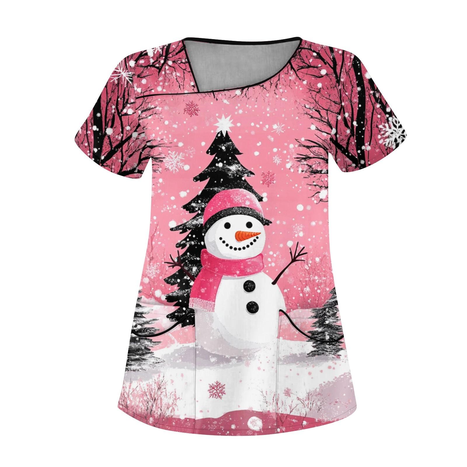 

Женская рабочая одежда с рождественским принтом, покатый воротник и двухслойные карманы, базовый пуловер сверху XXL розовый