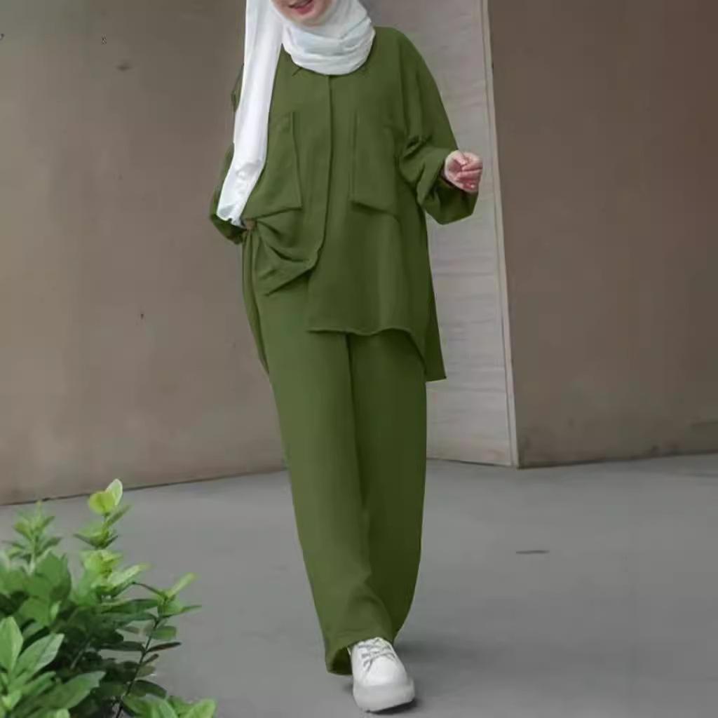 

Женский костюм больших размеров с длинными рукавами и брюками-рубашкой на осень XXXL армия зеленый