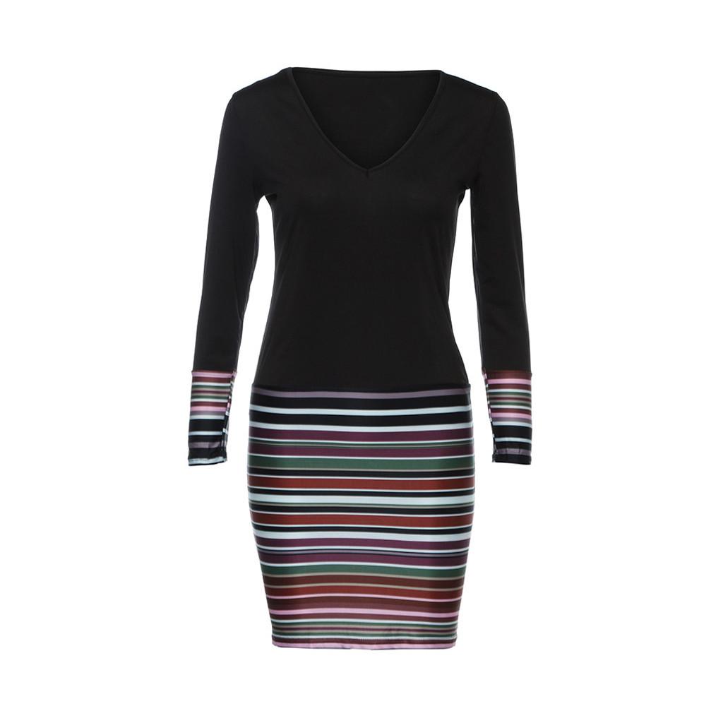 Ladies Womens Striped Patchwork V-neck Long Sleeve Dress Evening Party Dress