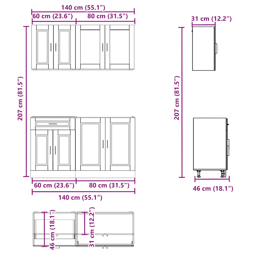 4 Piece Kitchen Cabinet Set  Porto  Rustic Wood Look Engineered Wood
