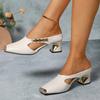 iH2 Women's Elegant Snake- Beige-like White & Golden Ankle Strap High-Heel Sandals - Chunky Block Heel, Square Toe Slip-On Slippers with TPR Sole