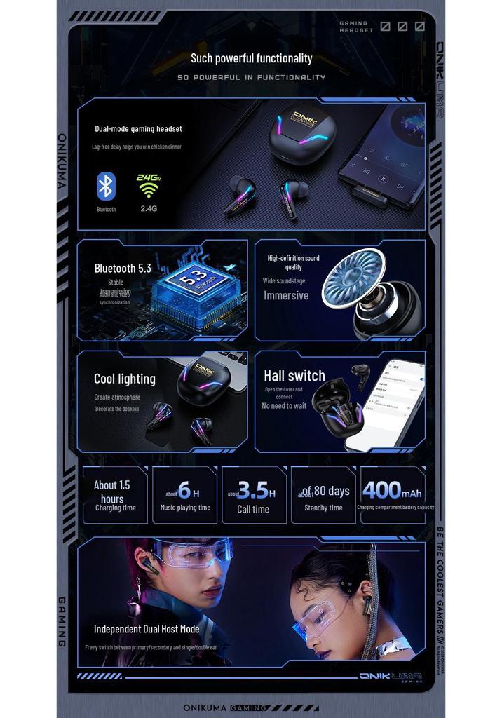 ONIKUMA T27 Wireless Gaming Bluetooth Headset - Low Latency with Microphone for PC & Mobile.