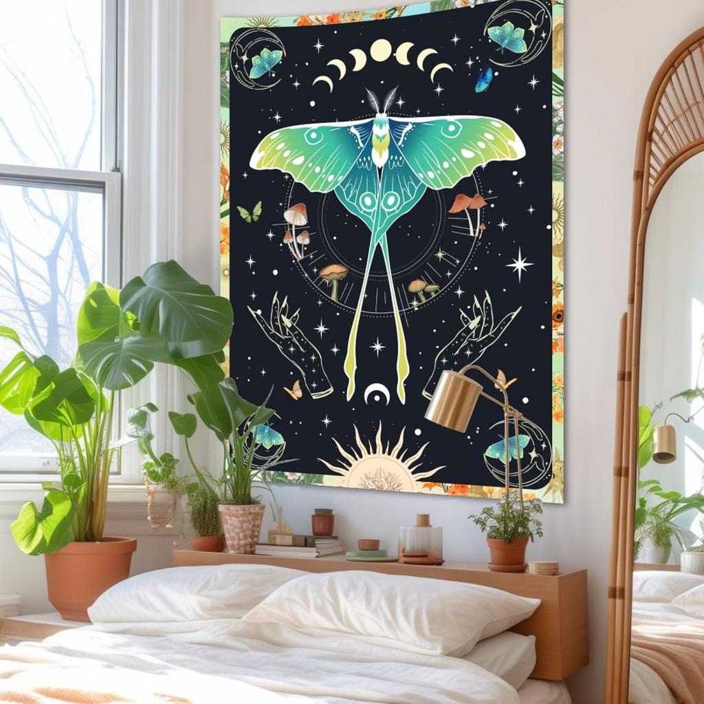 Mystical Luna Moth Tapestry, Green Moon Moth With Lunar Phases,Mushrooms And Witchy Hands Print Wall Hanging For Bedroom Living
