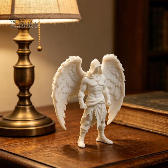 White Textured Sculpture 3D Printed Dark Angel Statue, Gothic Hooded Figurine, Detailed Fine Muscle Line Winged Desk Decor for Home Office,