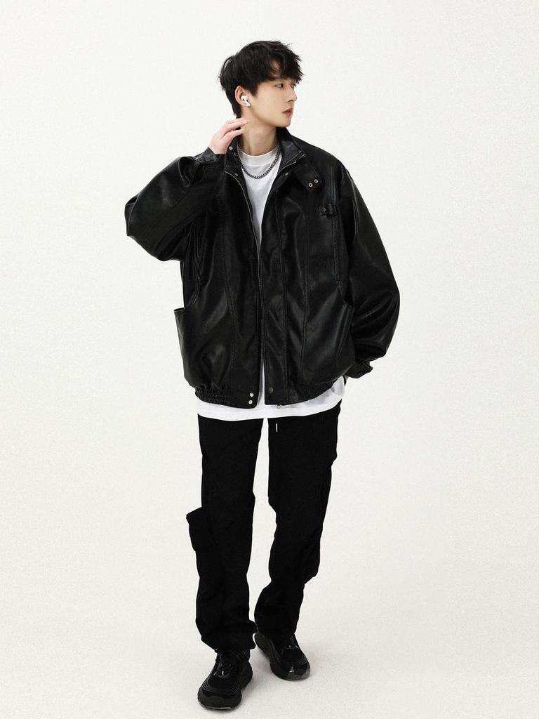 Męska Modna Kurtka Motocyklowa ze Skóry PU - Stójka, Casualowa, Jesienna Odzież Robocza