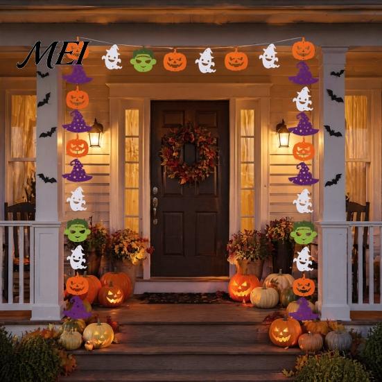 Non-woven Fabric Holiday Ornaments Halloween Party Felt Hanging Garland, Creepy Pumpkin Ghost Skull Witch Hat Living Room Wall Streamer, Horror Banner