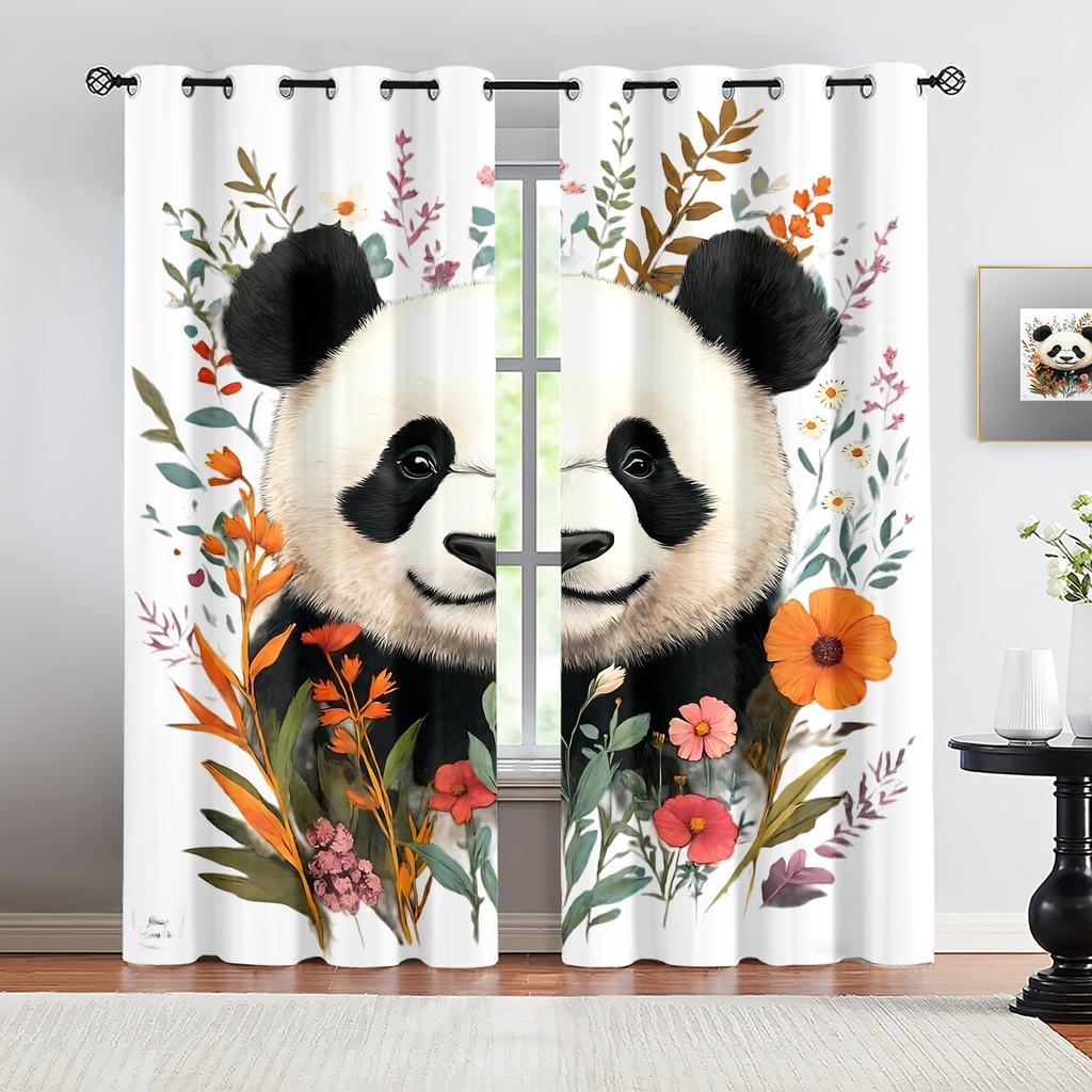 Vintage Watercolor Floral Giant Panda Full Print Window Curtains Grommet Top Nature Style Decorative Curtains