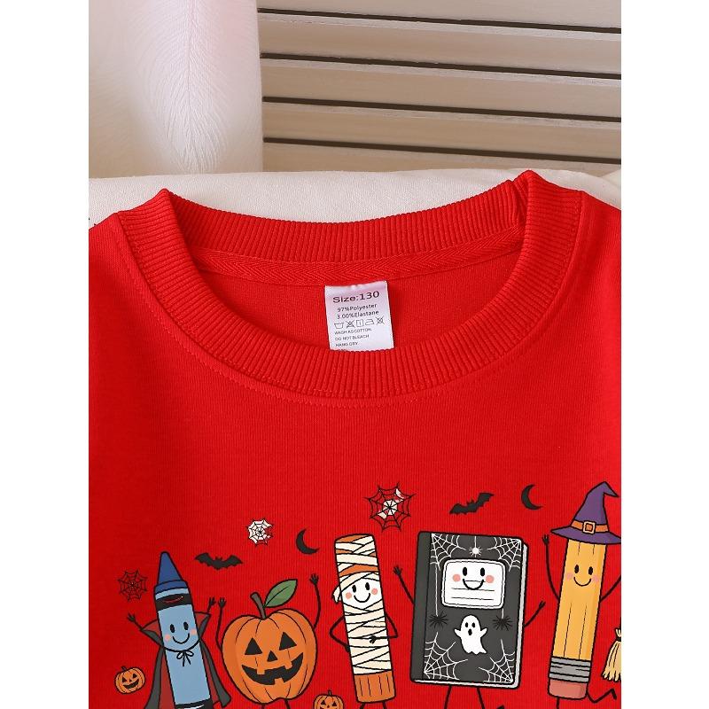 European Sizes Girls' Long-Sleeve Crewneck Sweatshirt "Halloween School Supplies" Printed Top, Casual for Celebrations & Everyday Wear